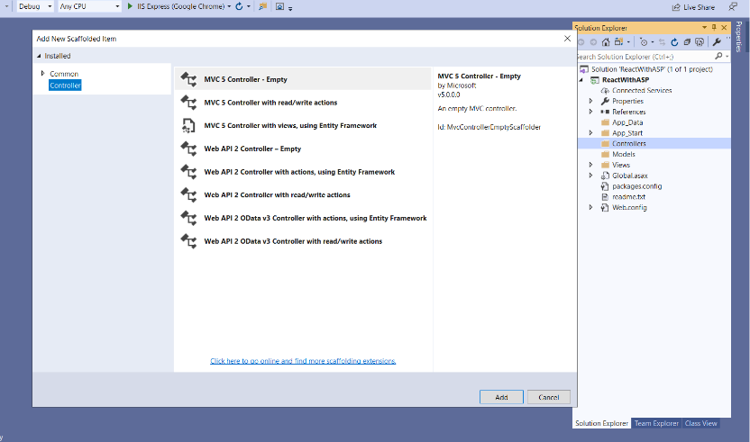 Add a controller - Steps to Use React.js with ASP.NET