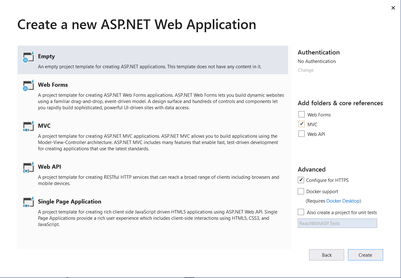 Create a new ASP.NET web application - Use React.js with ASP.NET
